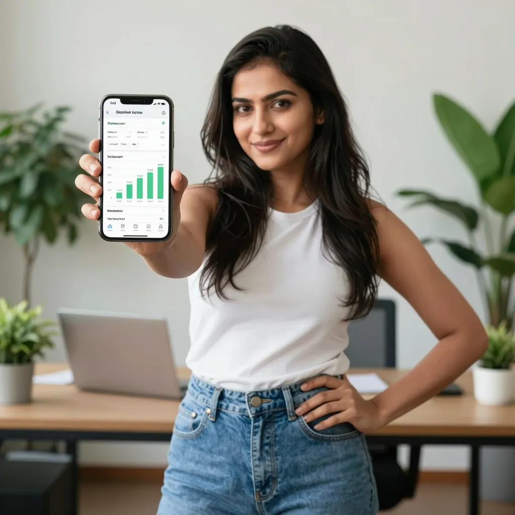 Stylish woman with SMM growth dashboard